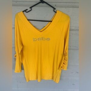 Bebe Vibrant Yellow Top with Logo Rhinestone V Neck Open Sleeve Plus Size 1X